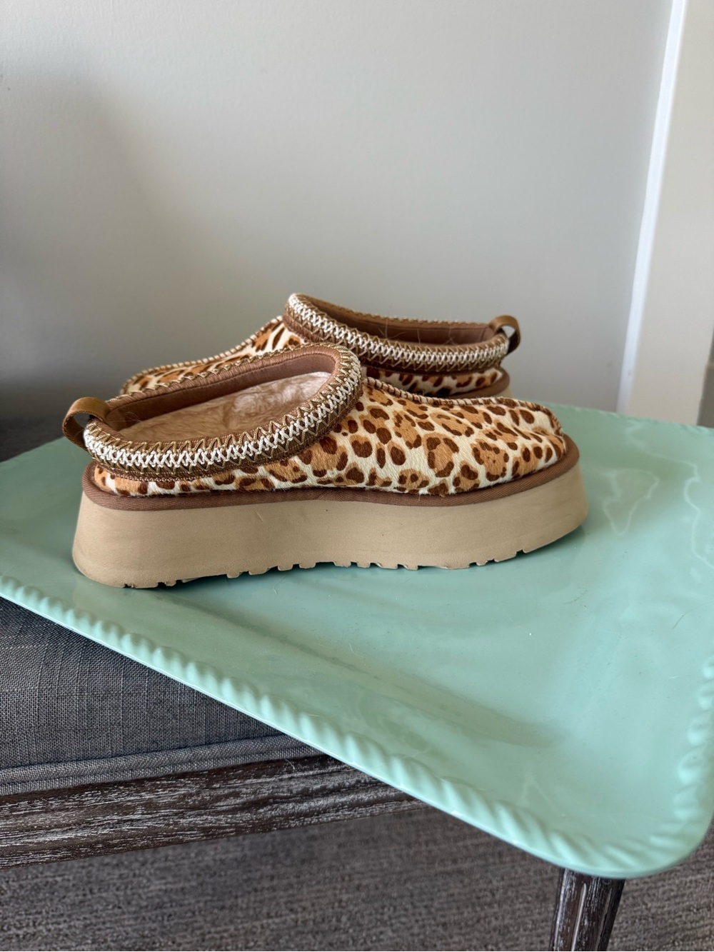UGG Leopard Print Platform Mules in Tan and Brown
